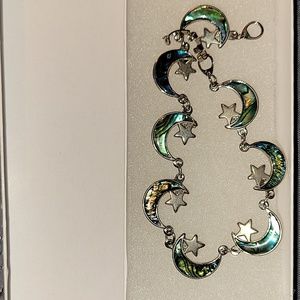 Moon w/Star Link Blue-Green Abalone Shell 7" Silvertone Bracelet, Vintage